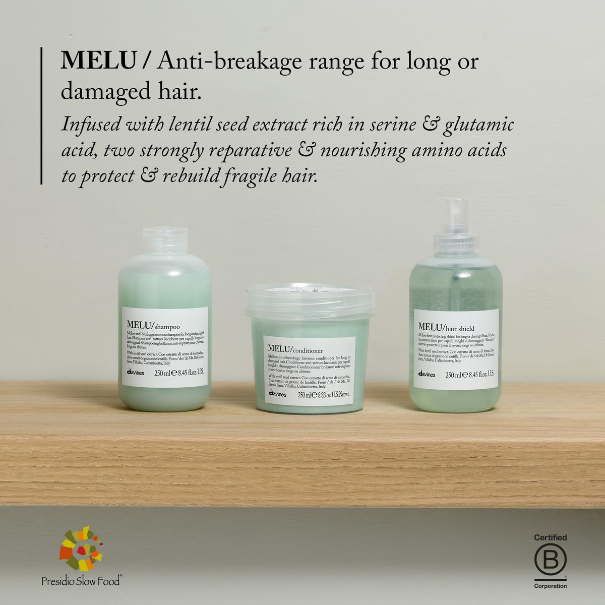 Davines MELU lentil seed ingredient close-up showing natural fortifying benefits for strands