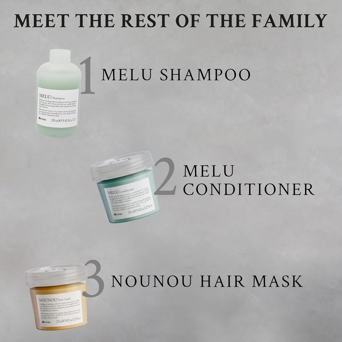 Davines MELU label closeup with product details and sustainable brand messaging visible