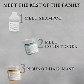Davines MELU label closeup with product details and sustainable brand messaging visible