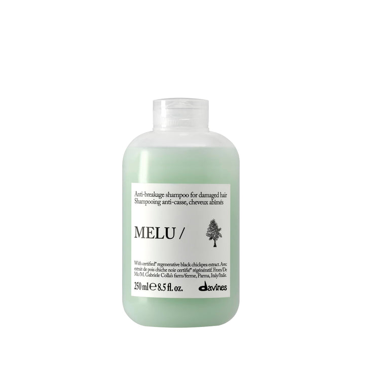 Davines MELU shampoo front bottle showing clean branding and professional look