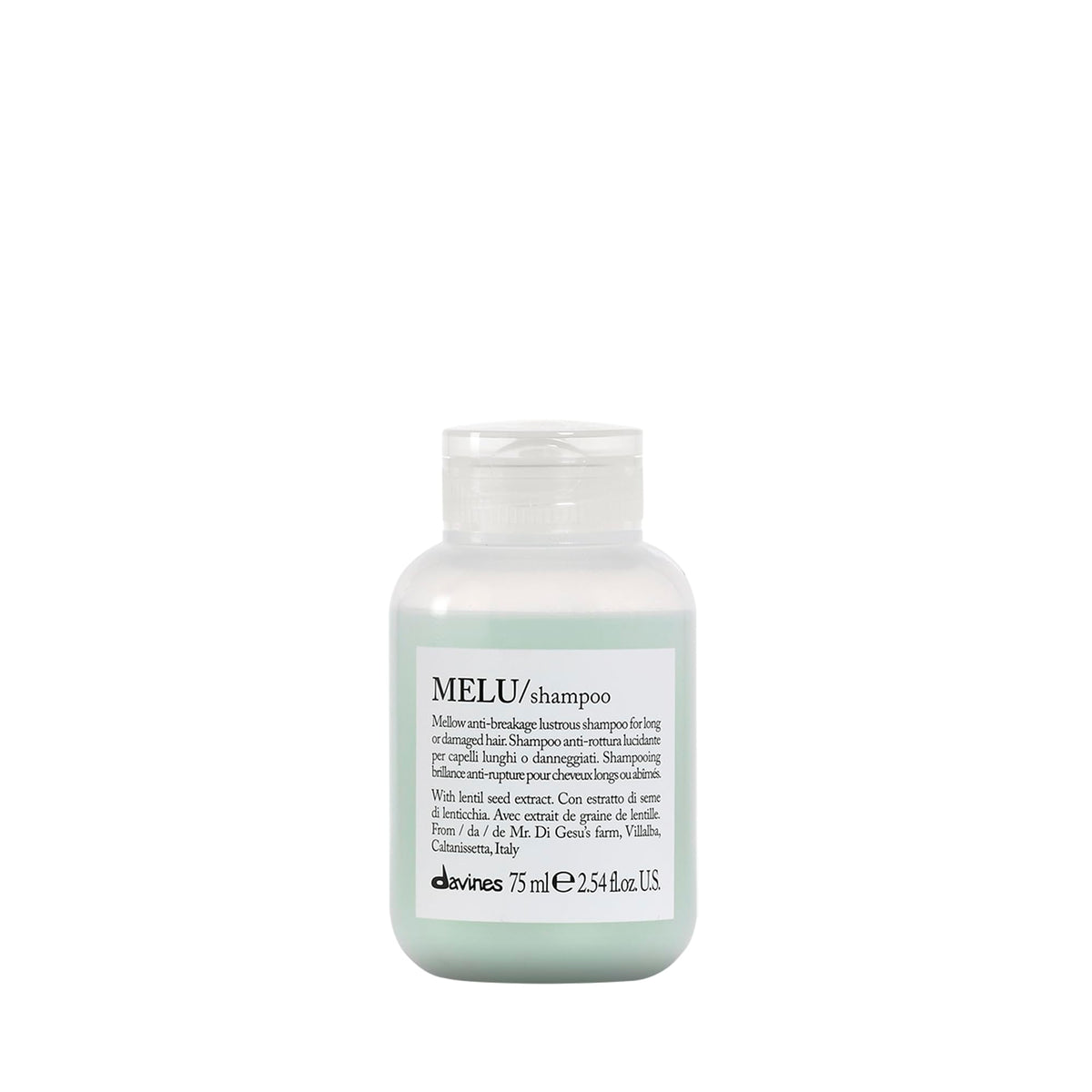 Davines MELU travel bottle front showing compact design and benefit of gentle cleansing
