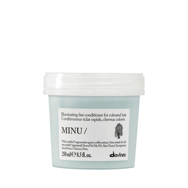 Davines MINU conditioner front bottle showing branding and size benefit
