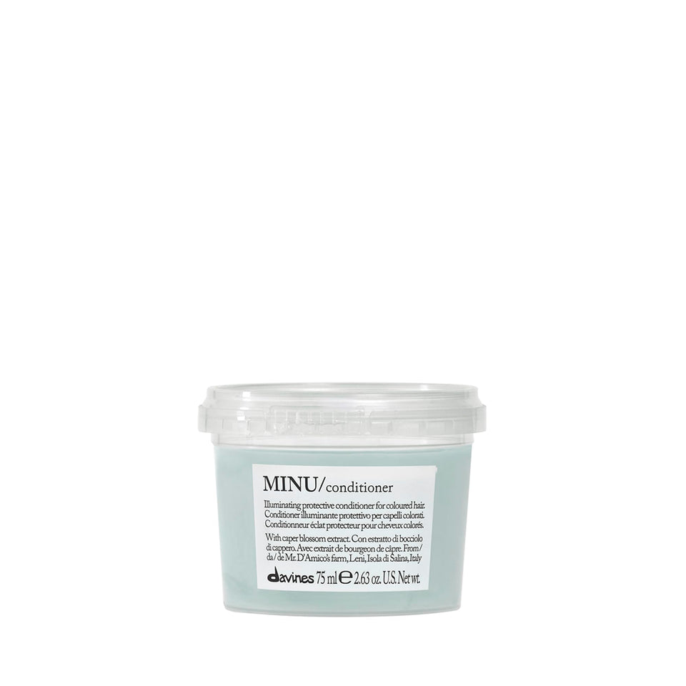 Davines MINU conditioner front packaging showing travel-size convenience and protection
