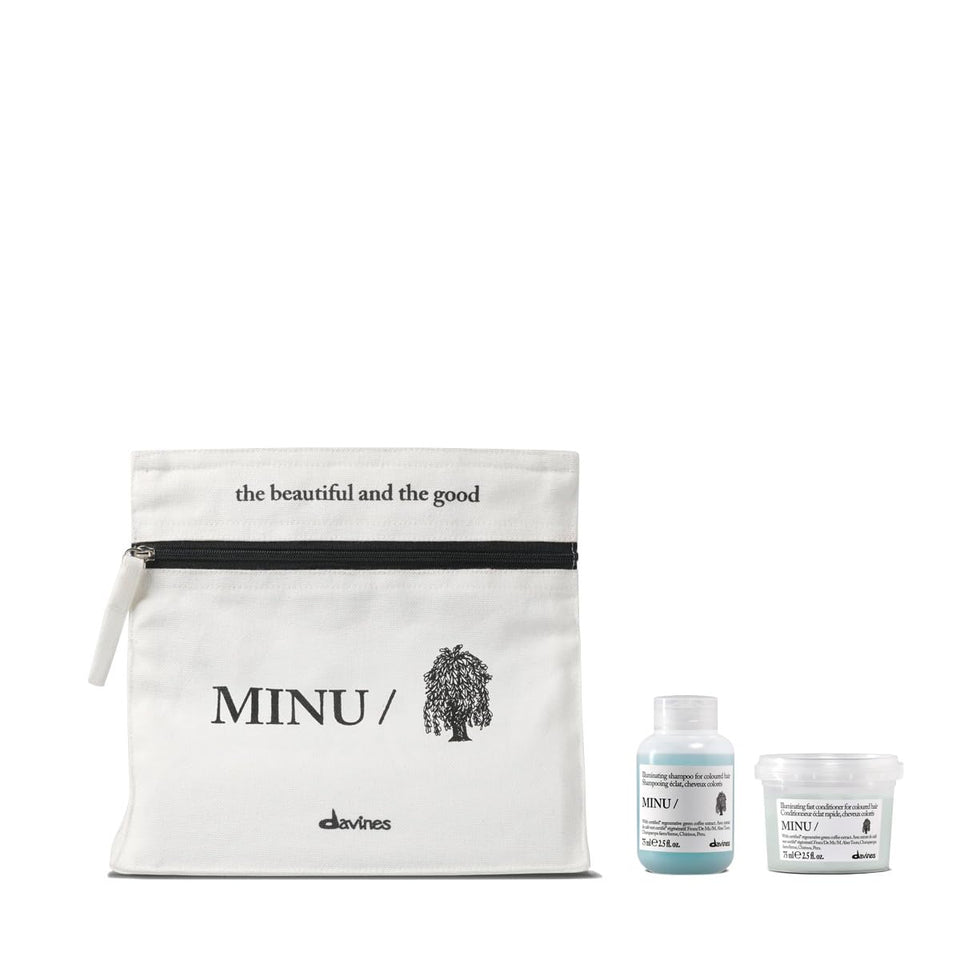 Davines MINU discovery kit front packaging shows compact travel set and convenience