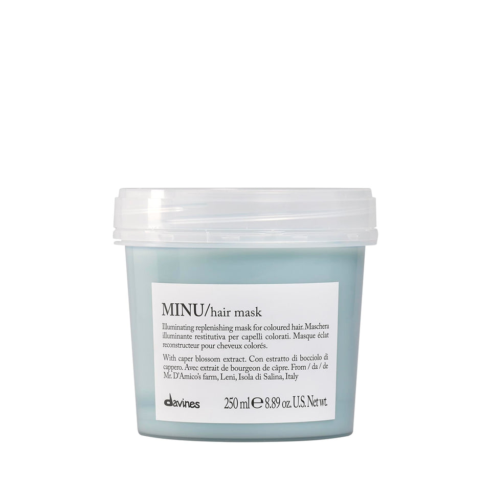 Davines MINU front jar showing packaging and product identity with clear benefit
