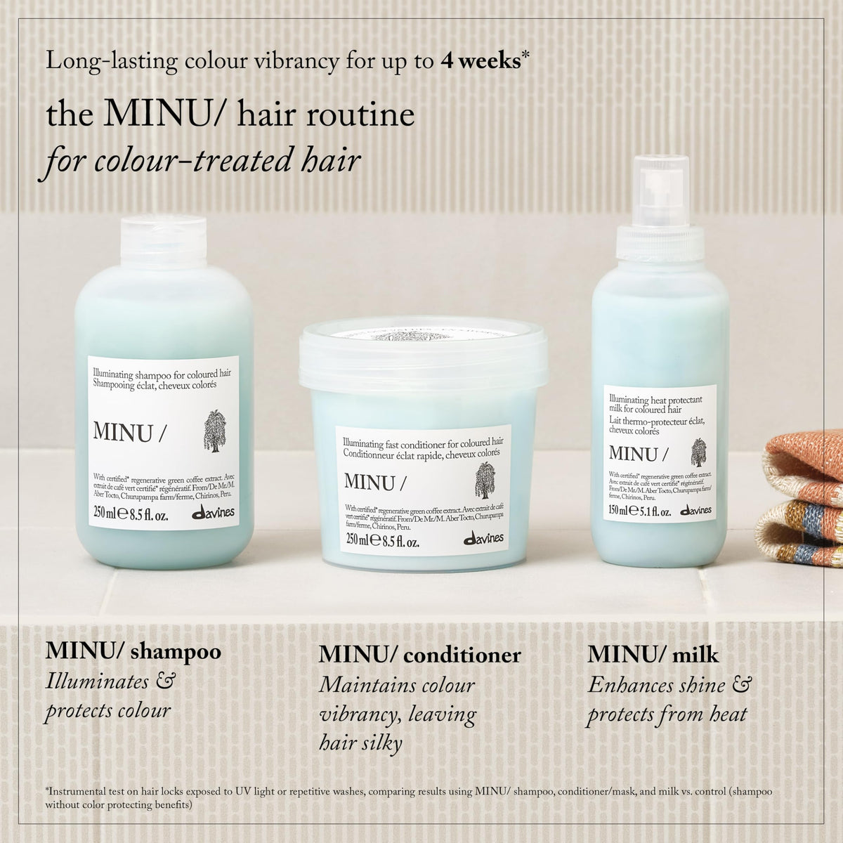 Davines MINU paired with other MINU products for complete color care routine
