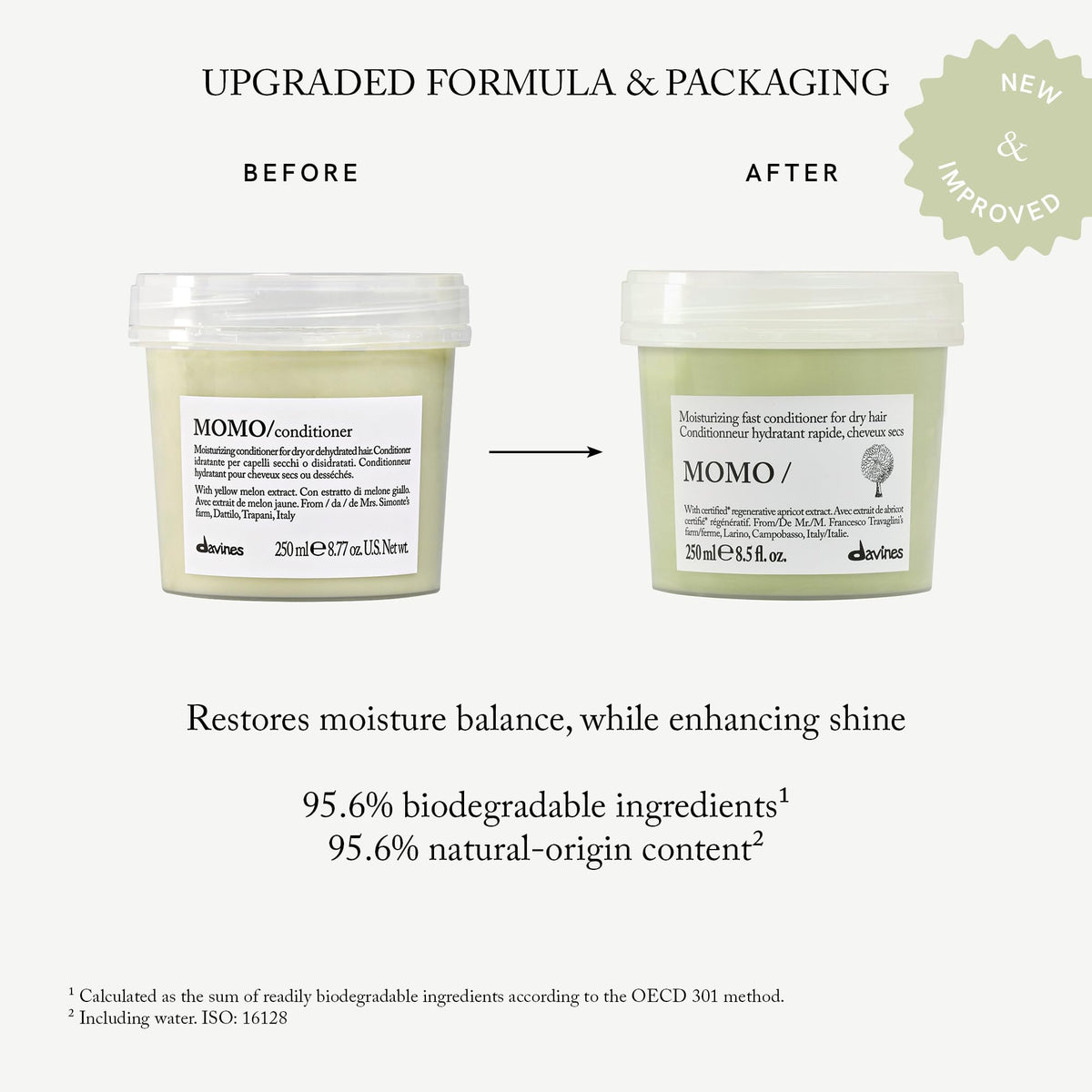 Davines MOMO 8.5 oz label close-up highlighting brand and moisturizing features