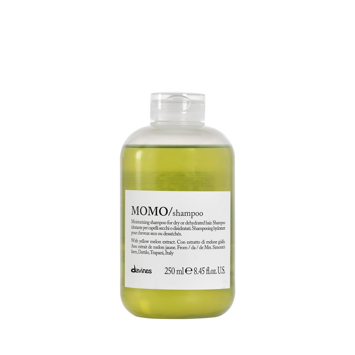 Davines MOMO front packaging showing bottle and brand, highlights hydration benefit