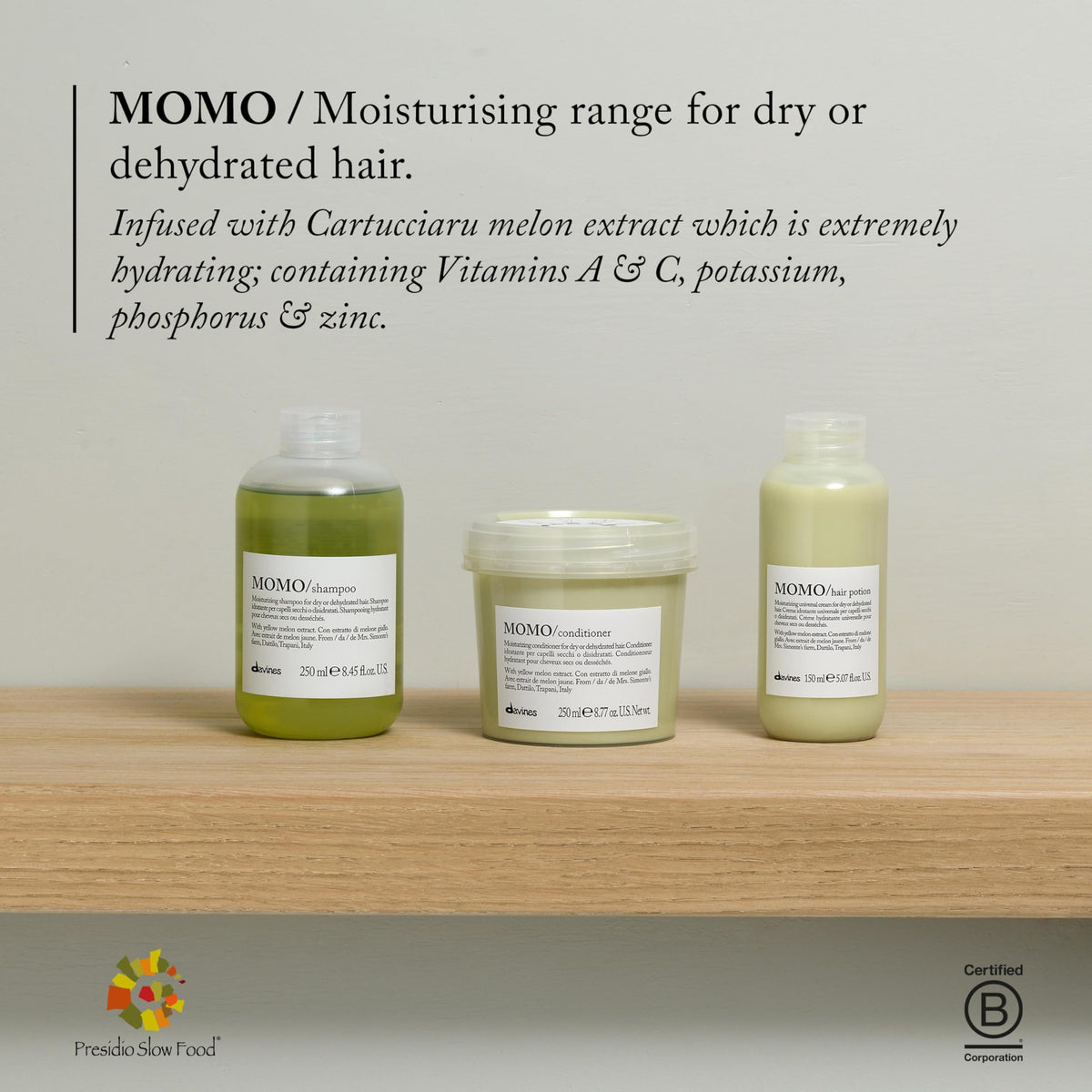 Davines MOMO bottle in hand scale view illustrating portable 8.45 fl oz size benefit