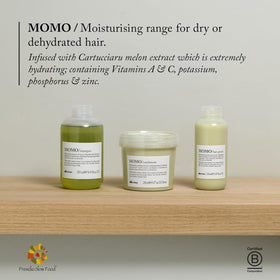 Davines MOMO bottle in hand scale view illustrating portable 8.45 fl oz size benefit