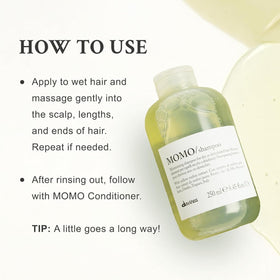 Davines MOMO pump and label detail focusing on ingredients and clear usage benefits