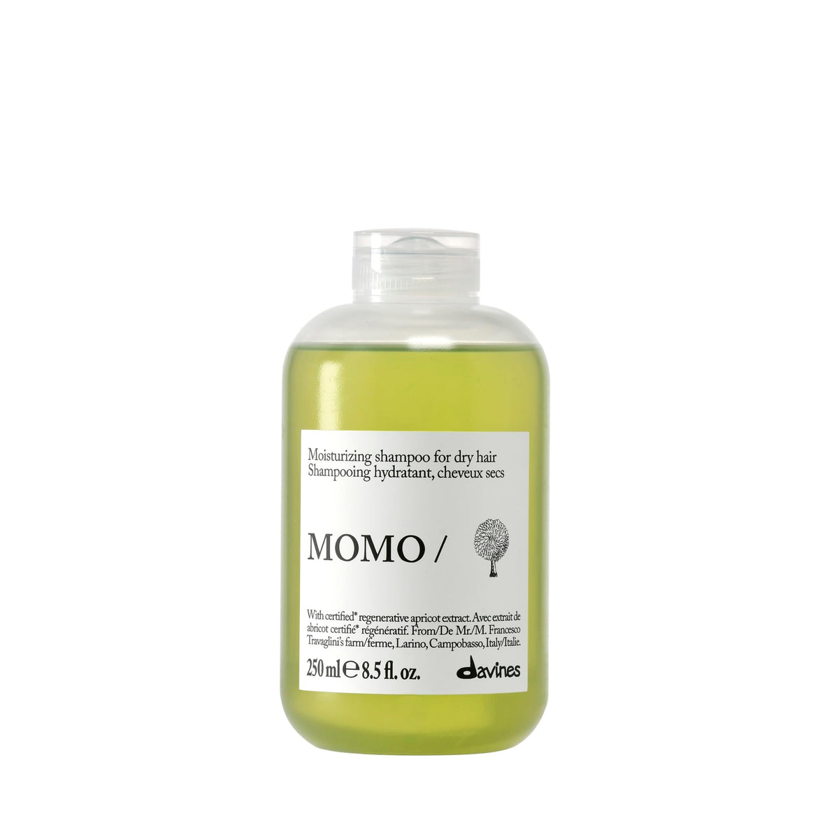 Davines MOMO shampoo front bottle showing sleek branding and hydrate benefit
