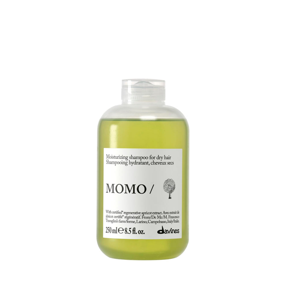 Davines MOMO shampoo front bottle showing sleek branding and hydrate benefit
