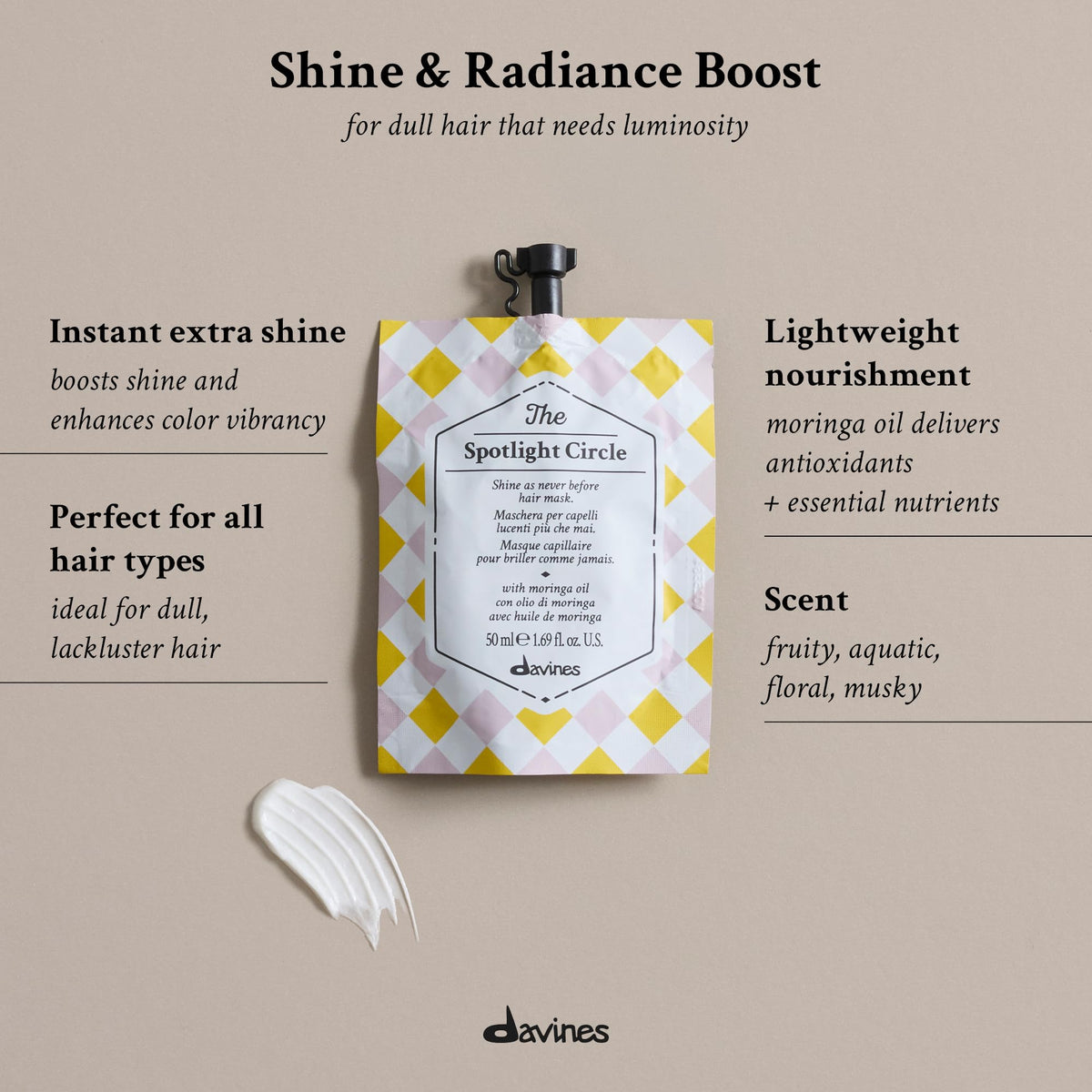 Davines moringa oil texture close-up highlighting nourishing, lightweight formula