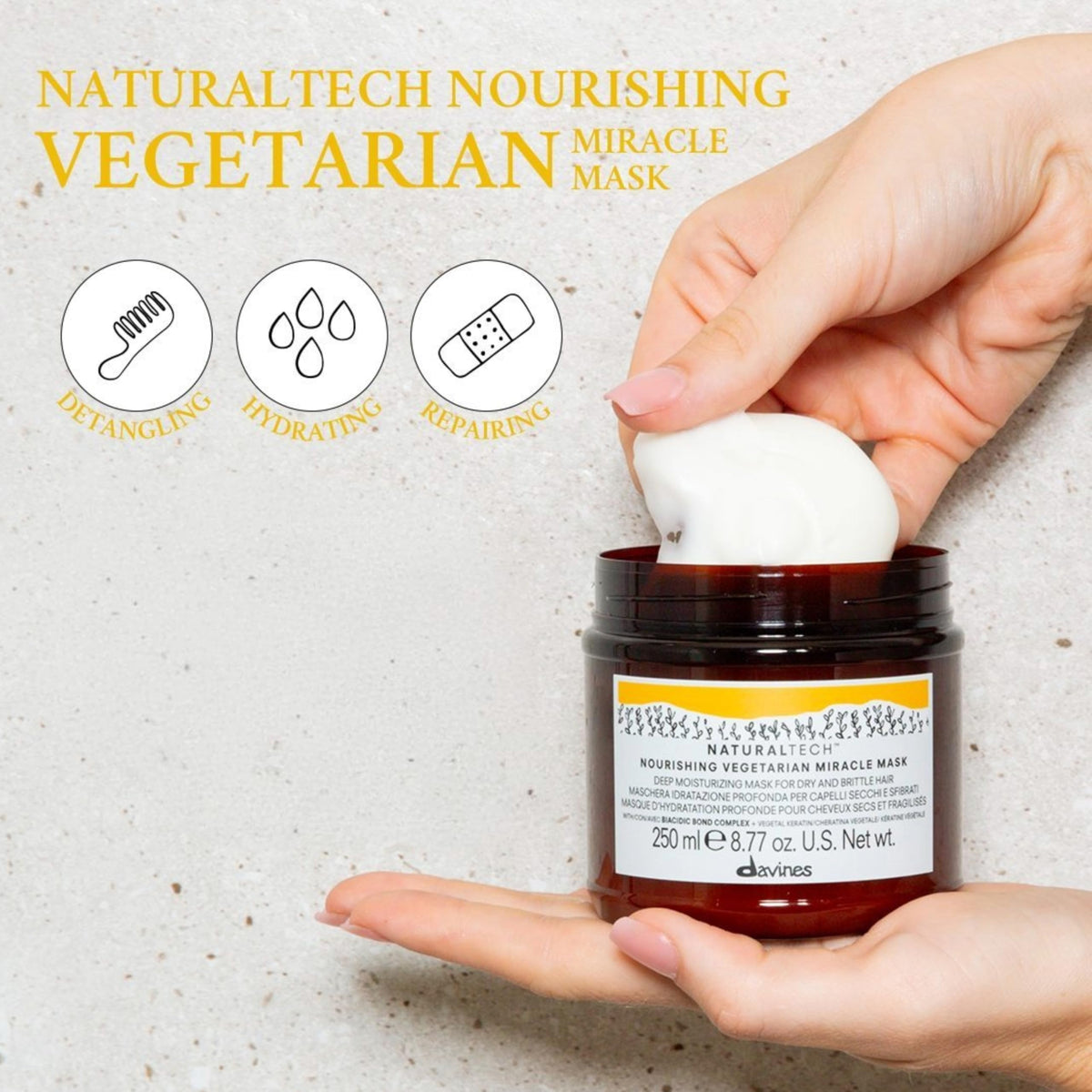 Davines vegetal keratin ingredient display demonstrating strengthening benefit
