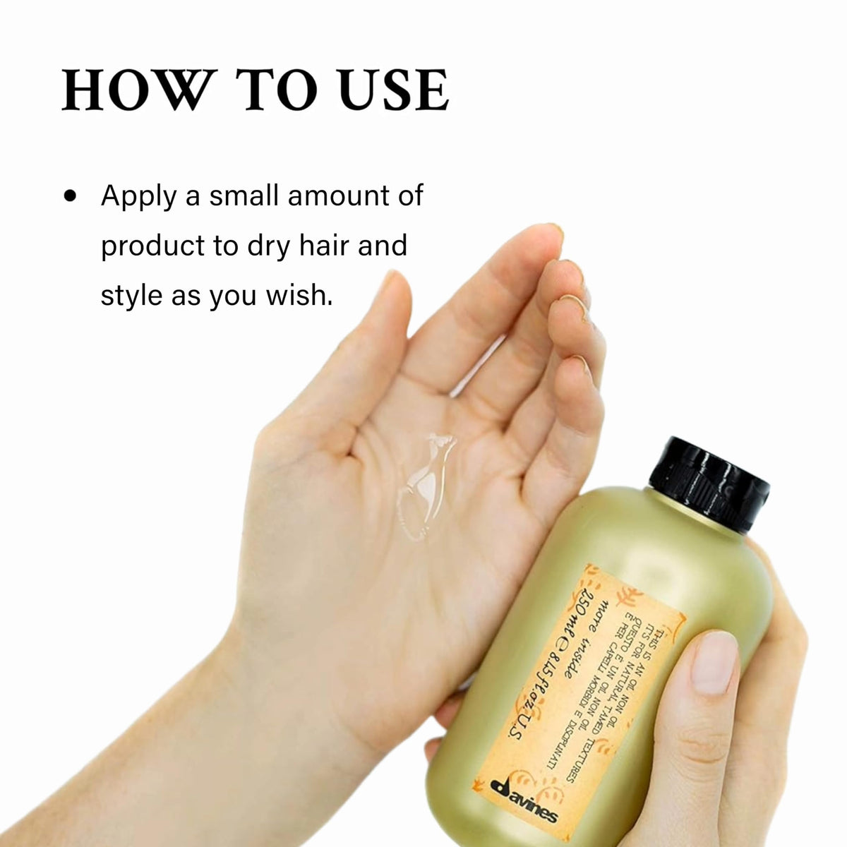 Davines product being applied to damp hair for hydration and definition
