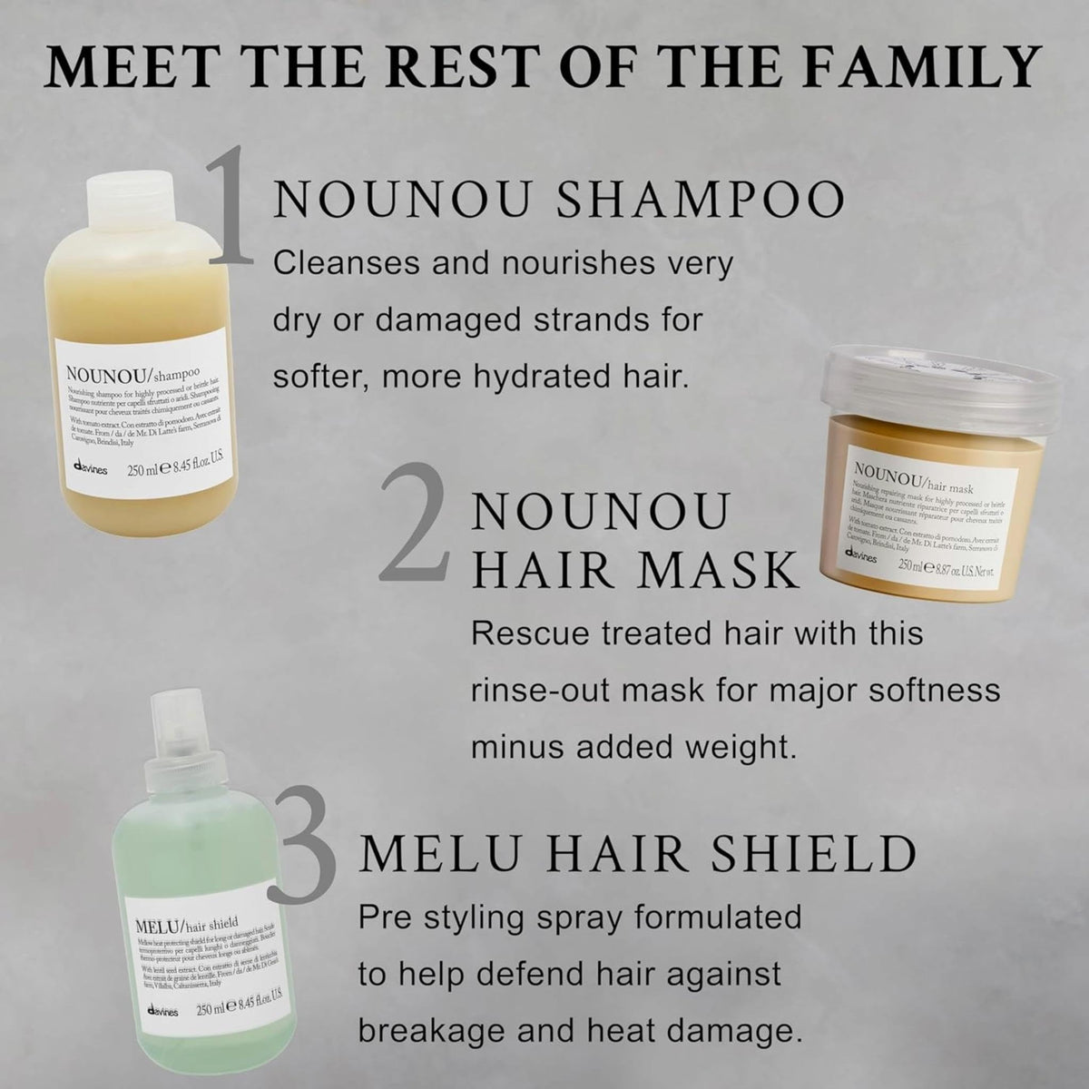 Davines NOUNOU scalp and strand close-up illustrating soothed, hydrated hair