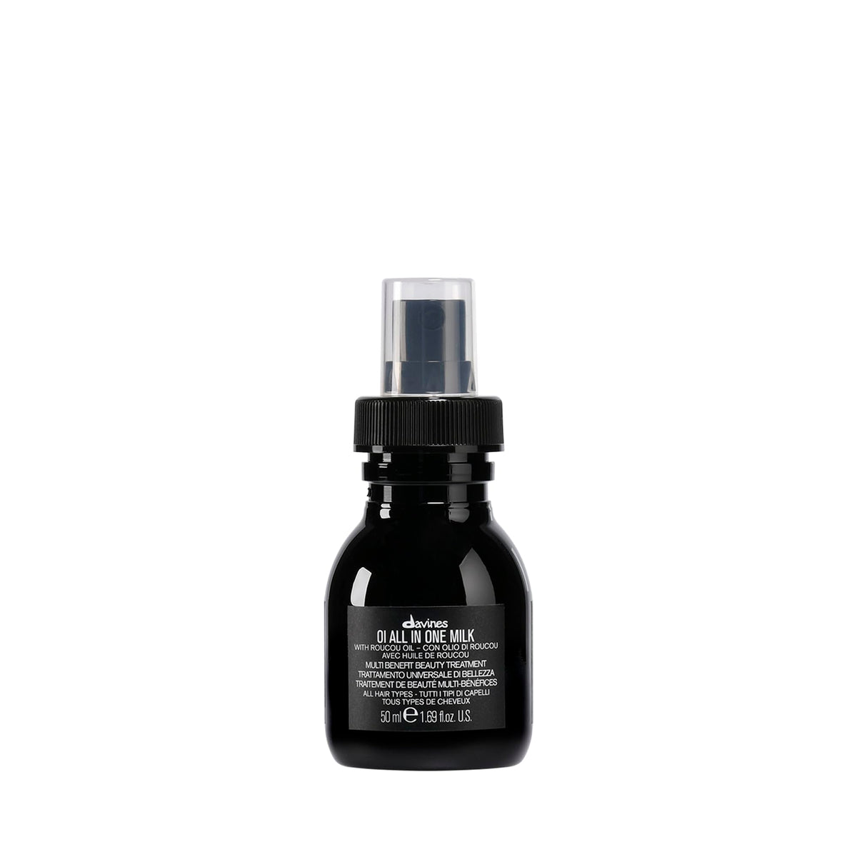Davines OI bottle front view showing compact travel-size and branding benefit lightweight