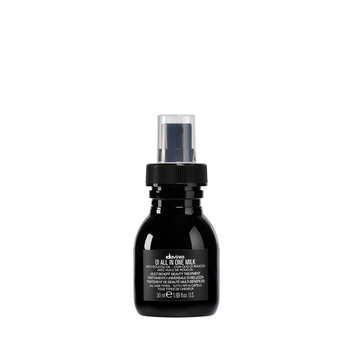 Davines OI bottle front view showing compact travel-size and branding benefit lightweight