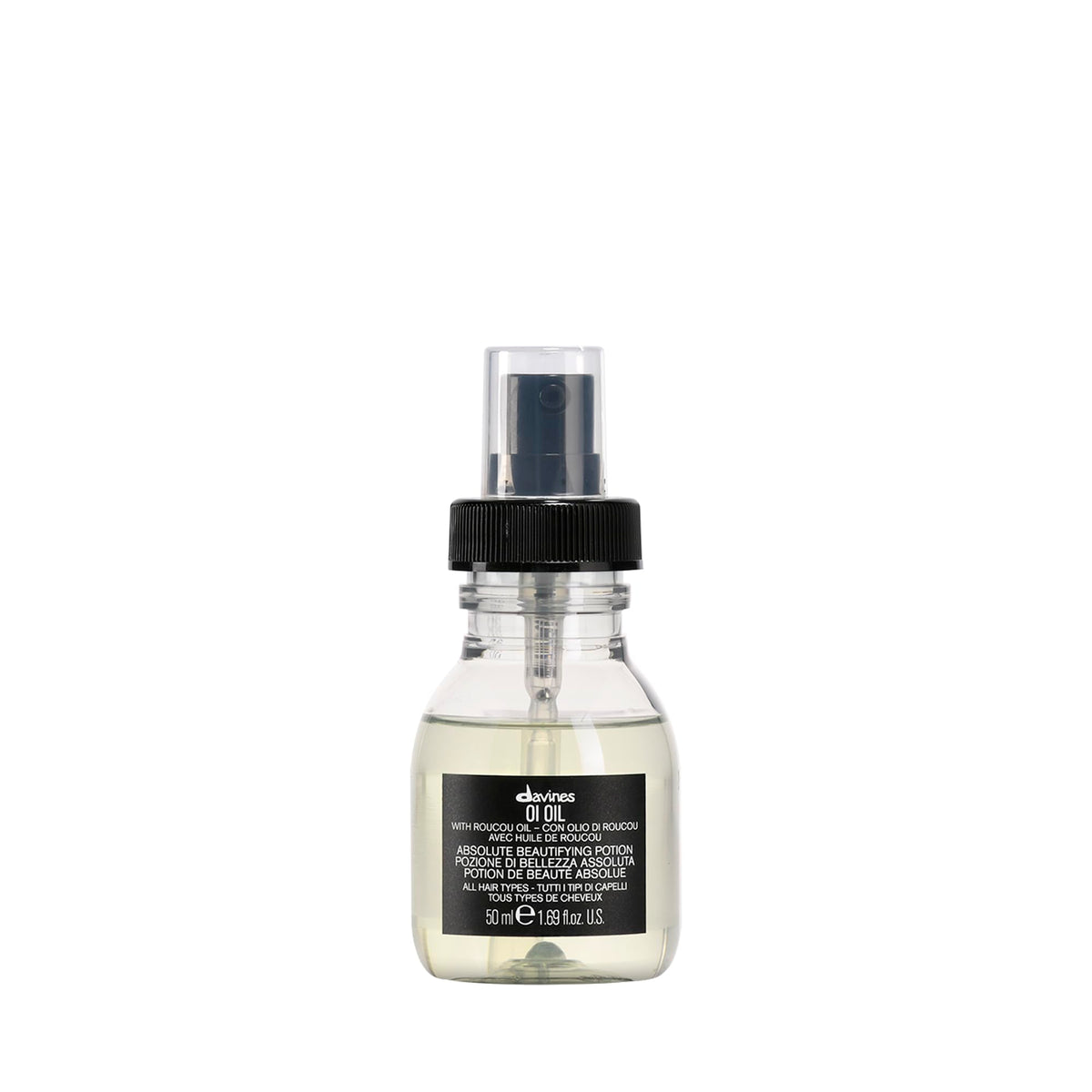 Davines front bottle showing compact travel-size and lightweight shine benefits