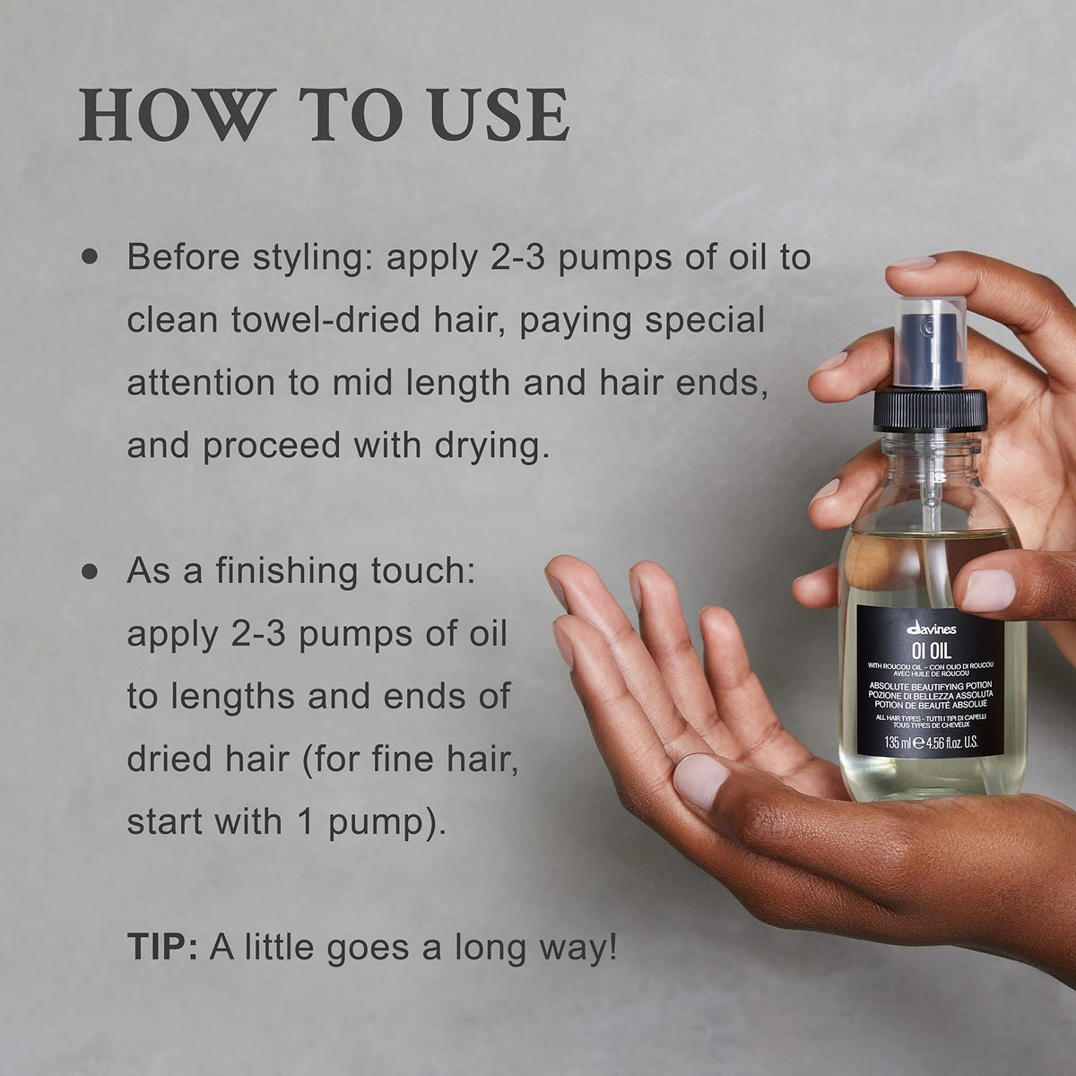 Davines applying oil to damp hair for easier detangling and heat protection