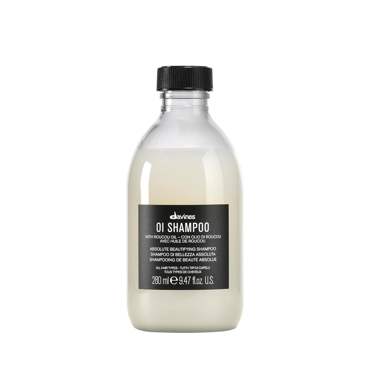 Davines OI shampoo front bottle showing elegant design and everyday use benefit
