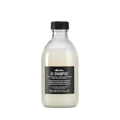 Davines OI shampoo front bottle showing elegant design and everyday use benefit