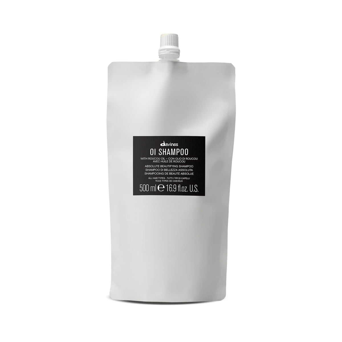 Davines OI shampoo refill front packaging showing product brand and volume for economy