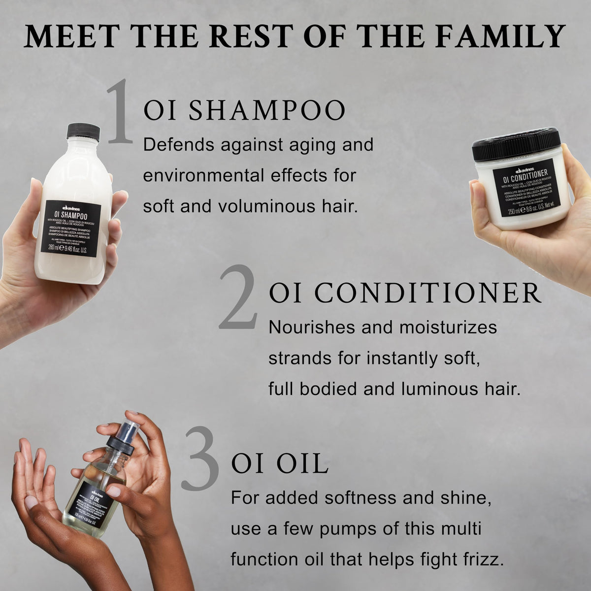 Davines OI shampoo next to toothpaste for size comparison, showing compact travel-friendly benefit