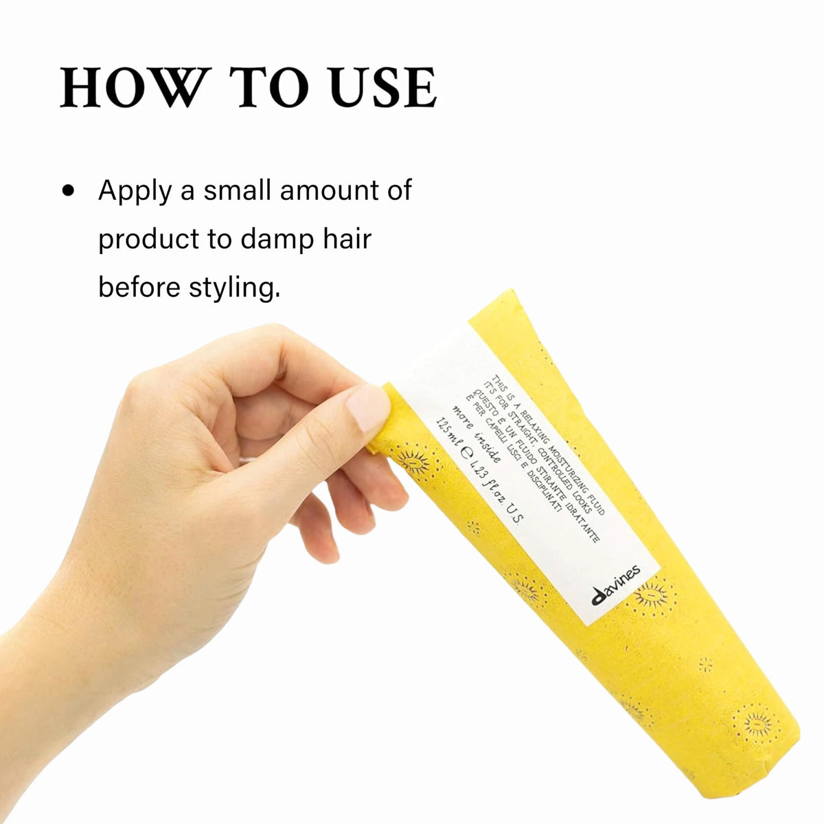Davines product held in hand for scale showing compact 4.23 fl oz travel-friendly size
