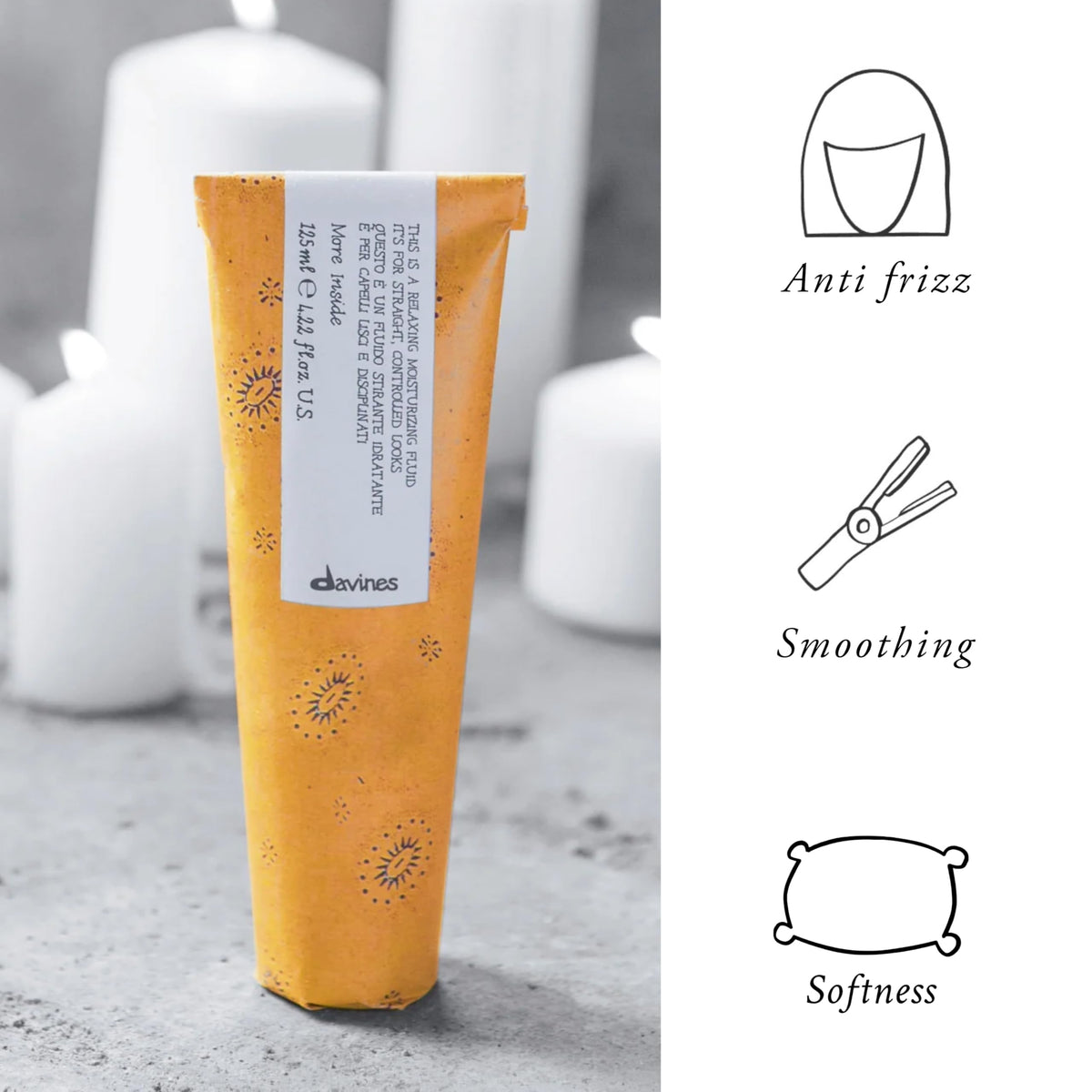 Davines applied to damp hair before styling to reduce frizz and improve manageability