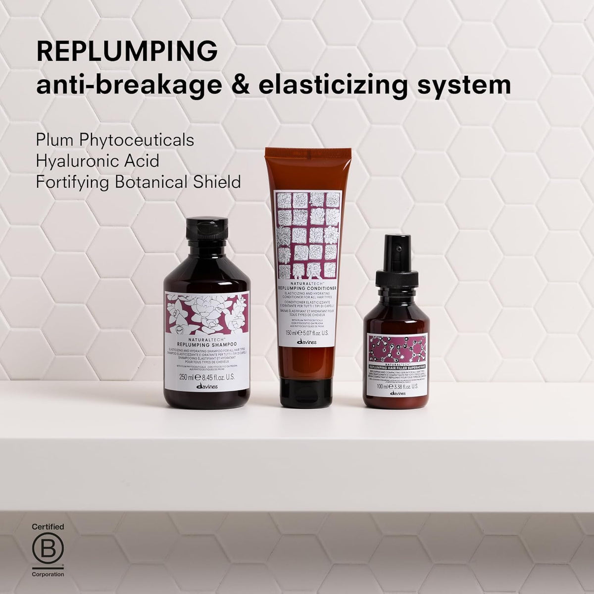 Davines bottle held in hand to show 8.45 fl oz scale and travel-friendly benefit