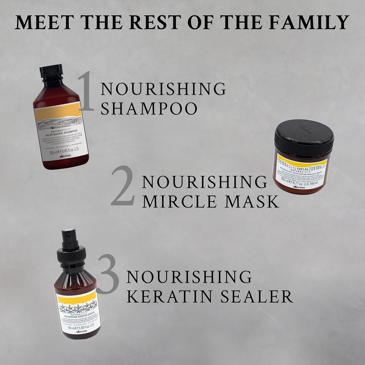 Davines bottle next to hand showing scale and 8.45 fl oz size benefit