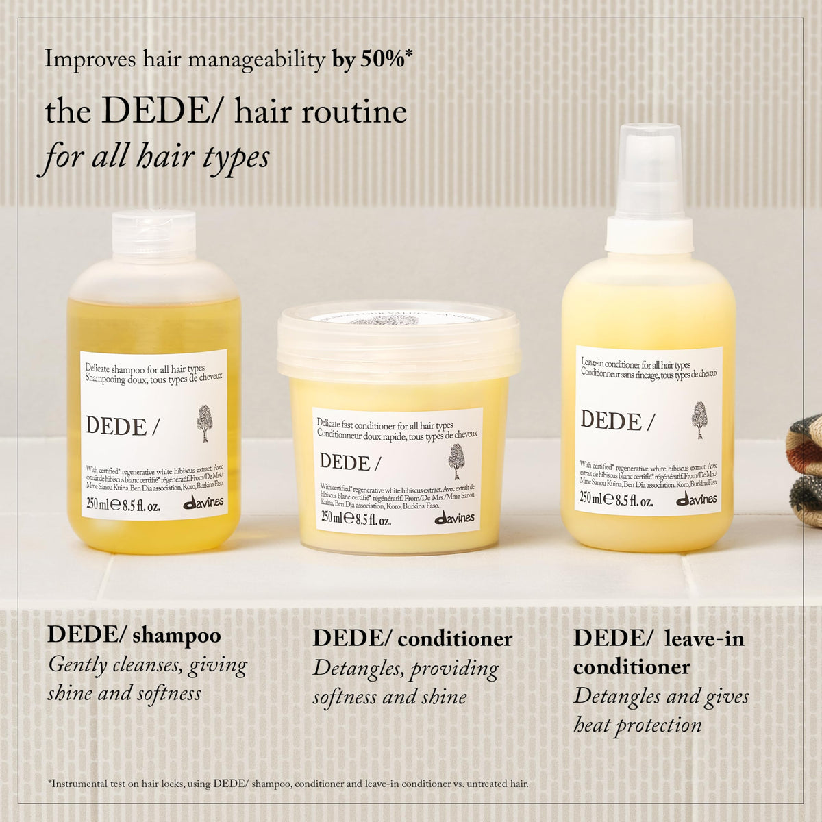 Davines bottle beside a hand displaying 8.5 fl oz size reference