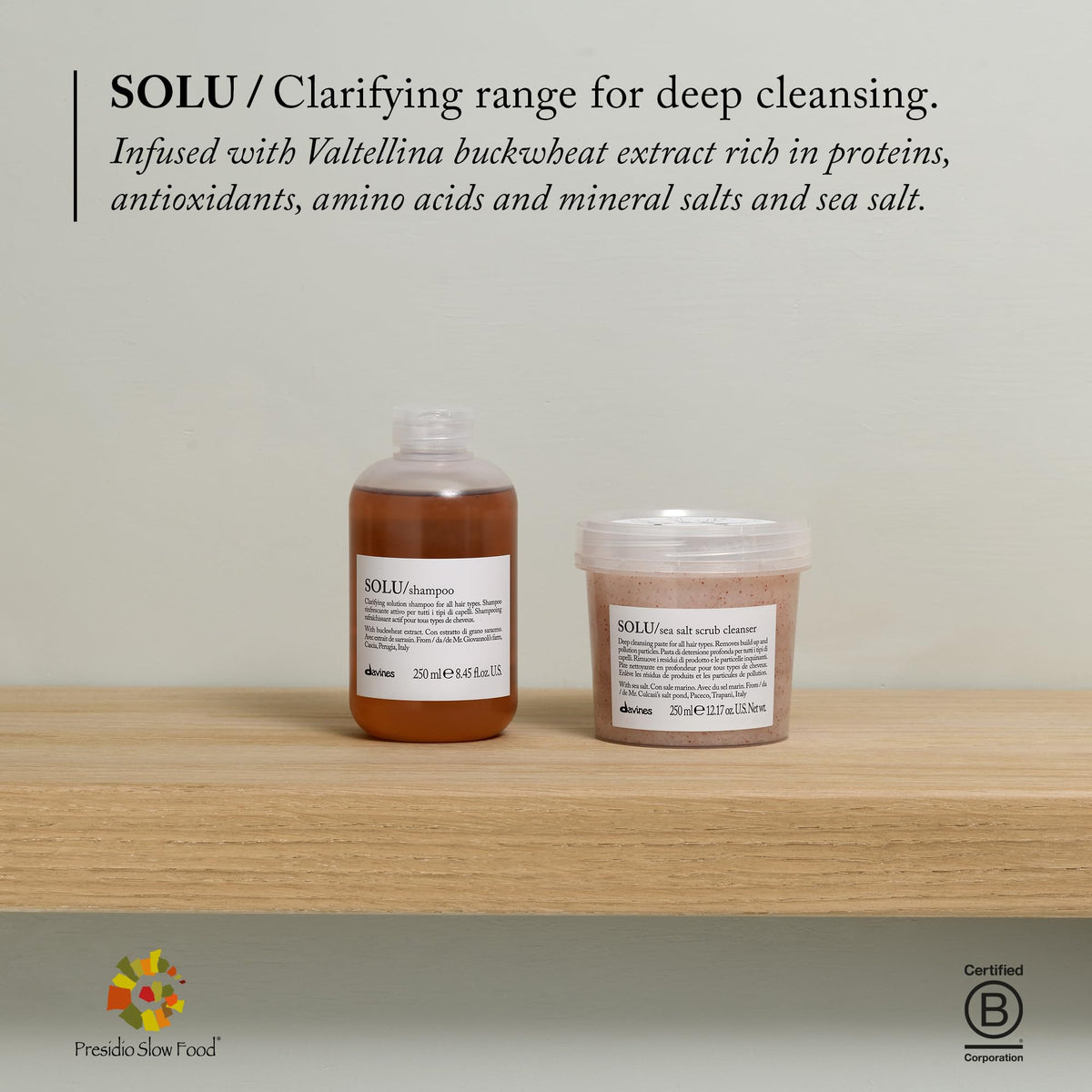 Davines SOLU beside a ruler for size scale to confirm the 8.45 fl oz volume