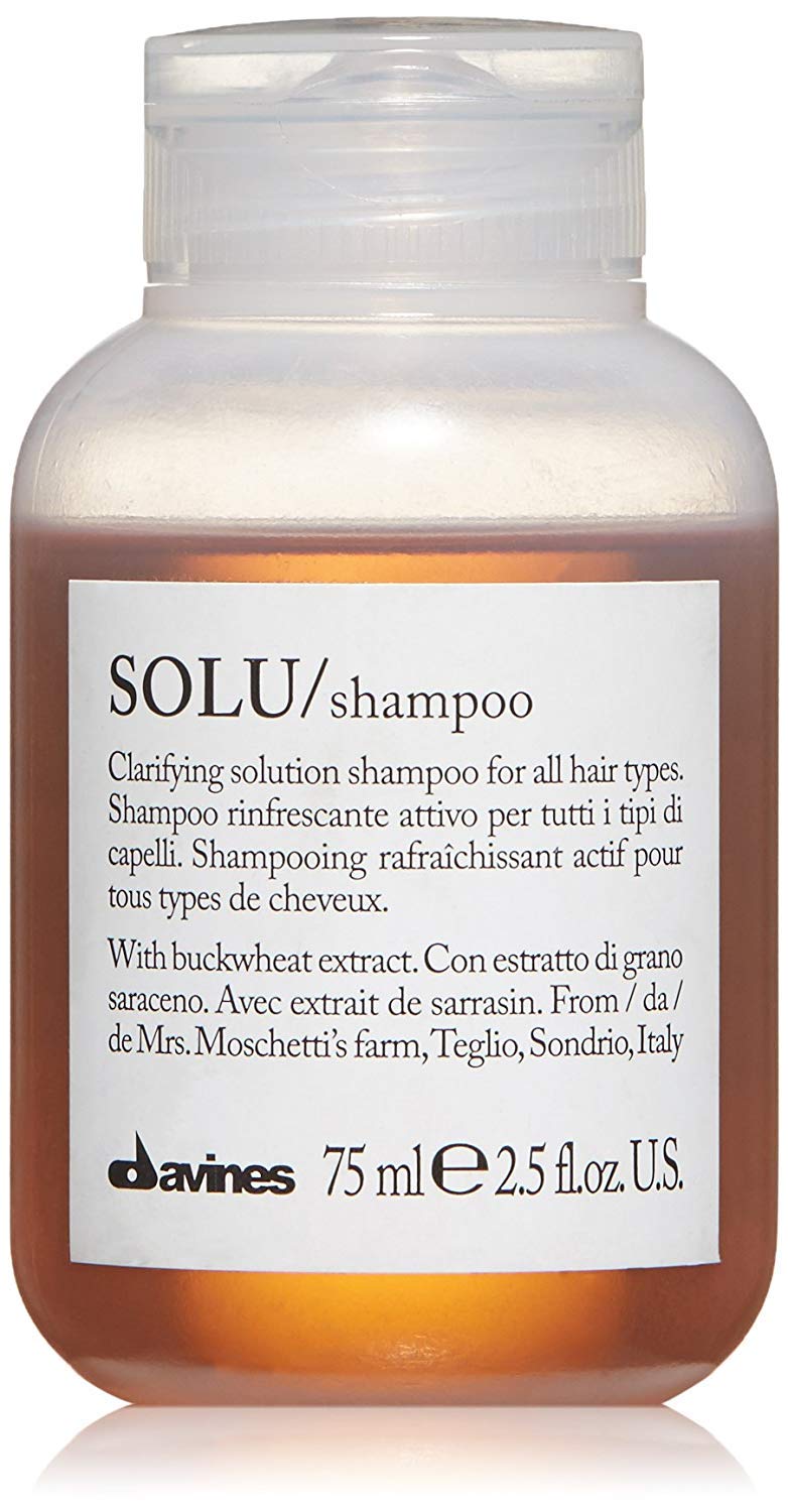 Davines SOLU front bottle showing travel-size and clarifying benefit