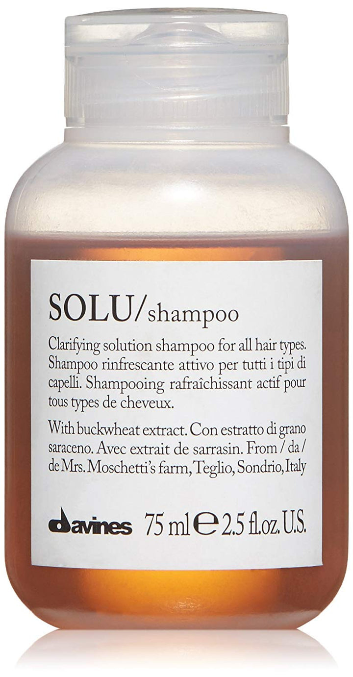 Davines SOLU front bottle showing travel-size and clarifying benefit