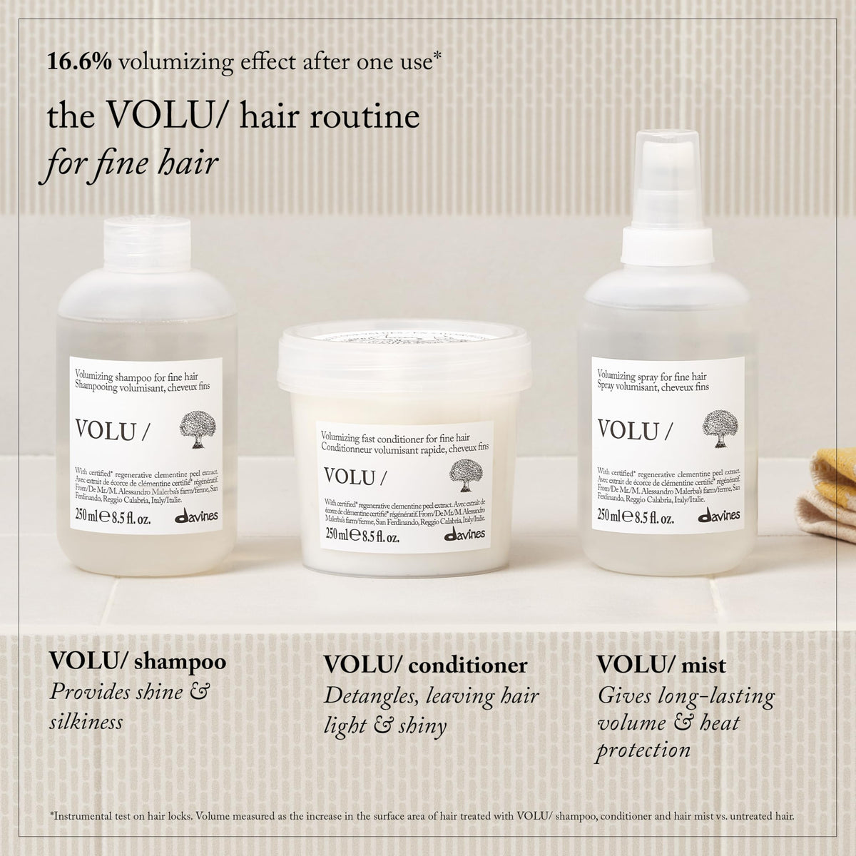 Davines VOLU/ conditioned hair after blow-dry showing fuller volume and movement