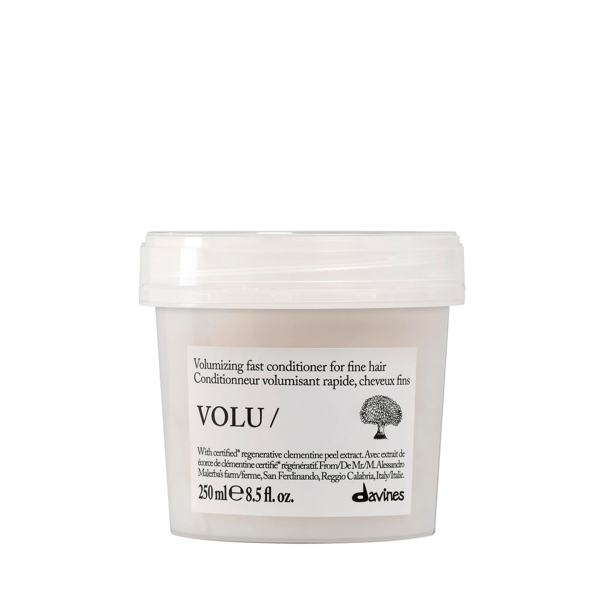 Davines VOLU/ conditioner front bottle shows clean design and lightweight benefit
