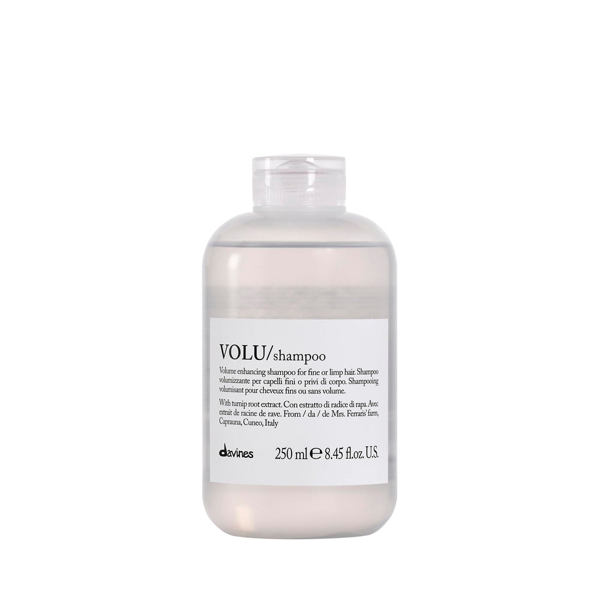 Davines VOLU front packaging showing bottle and volume benefit