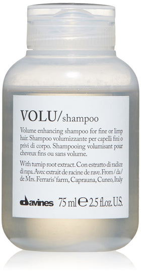 Davines VOLU shampoo front bottle showing travel-size convenience and lightweight boost