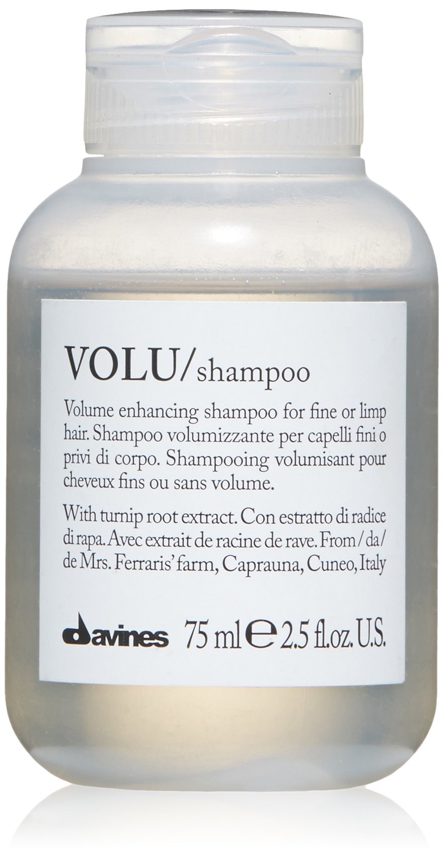 Davines VOLU shampoo front bottle showing travel-size convenience and lightweight boost