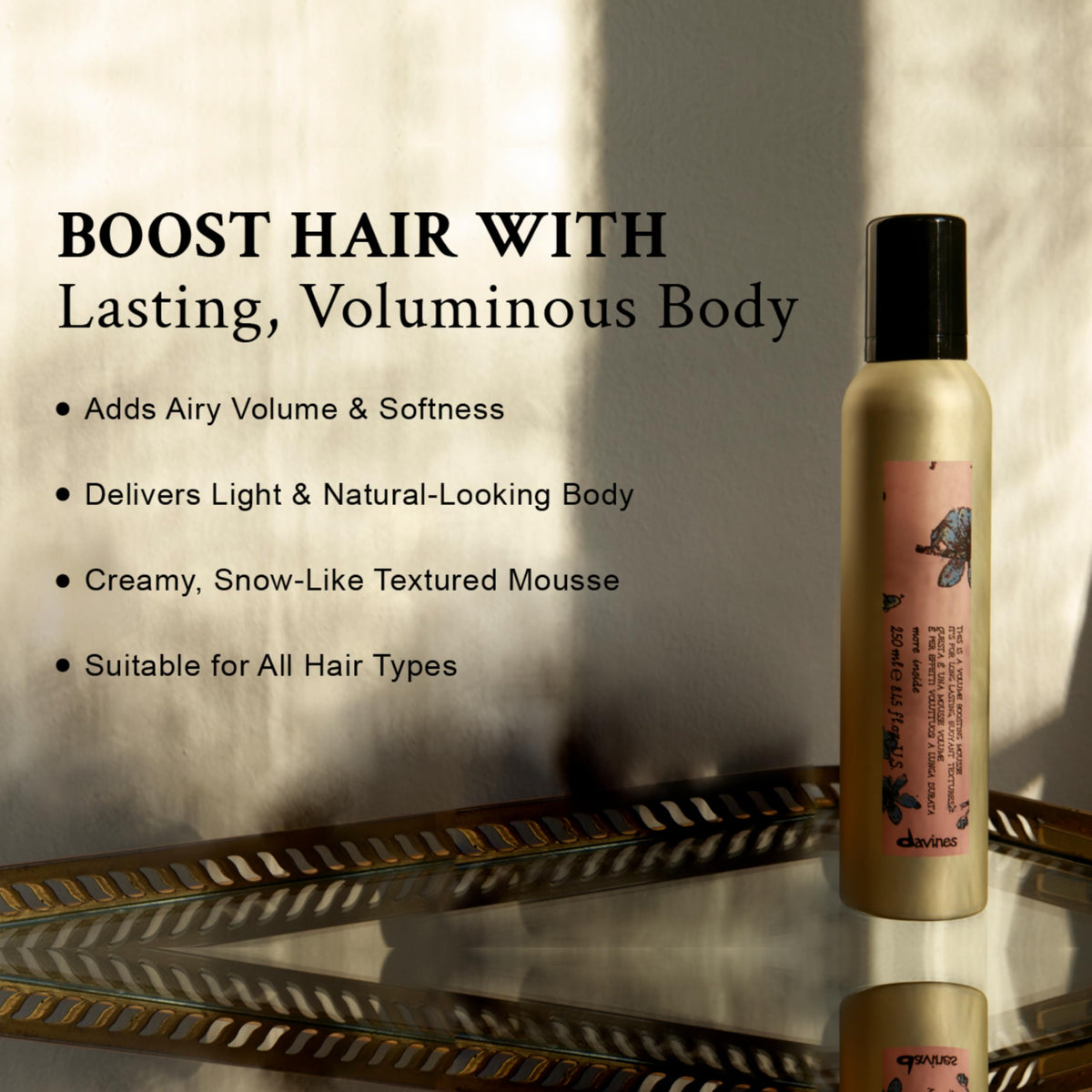 Davines product next to ruler showcasing the 8.45 fl oz size for scale and travel planning