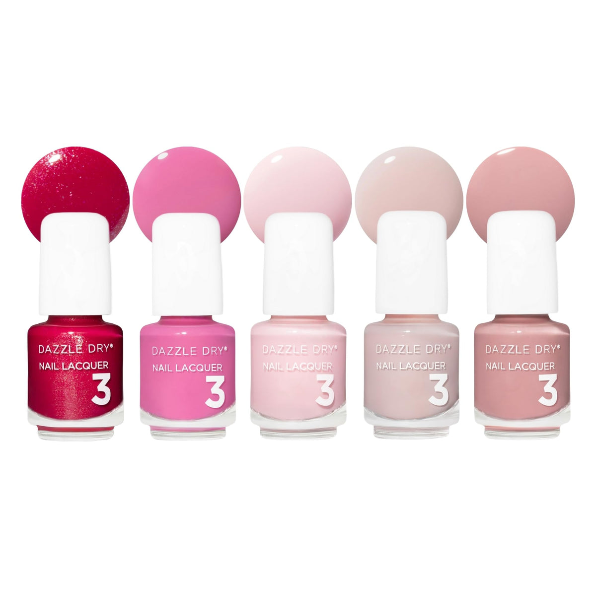 Dazzle Dry front packaging showing five mini pink lacquers, ideal for travel and gifting