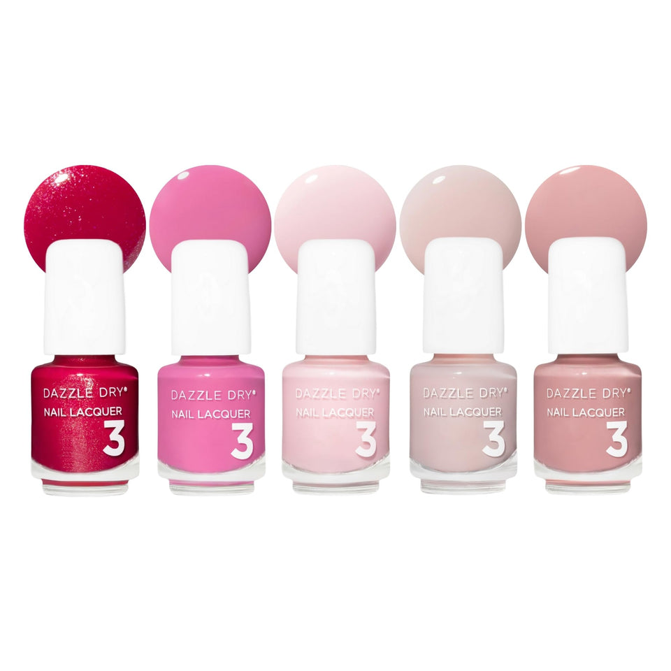 Dazzle Dry front packaging showing five mini pink lacquers, ideal for travel and gifting