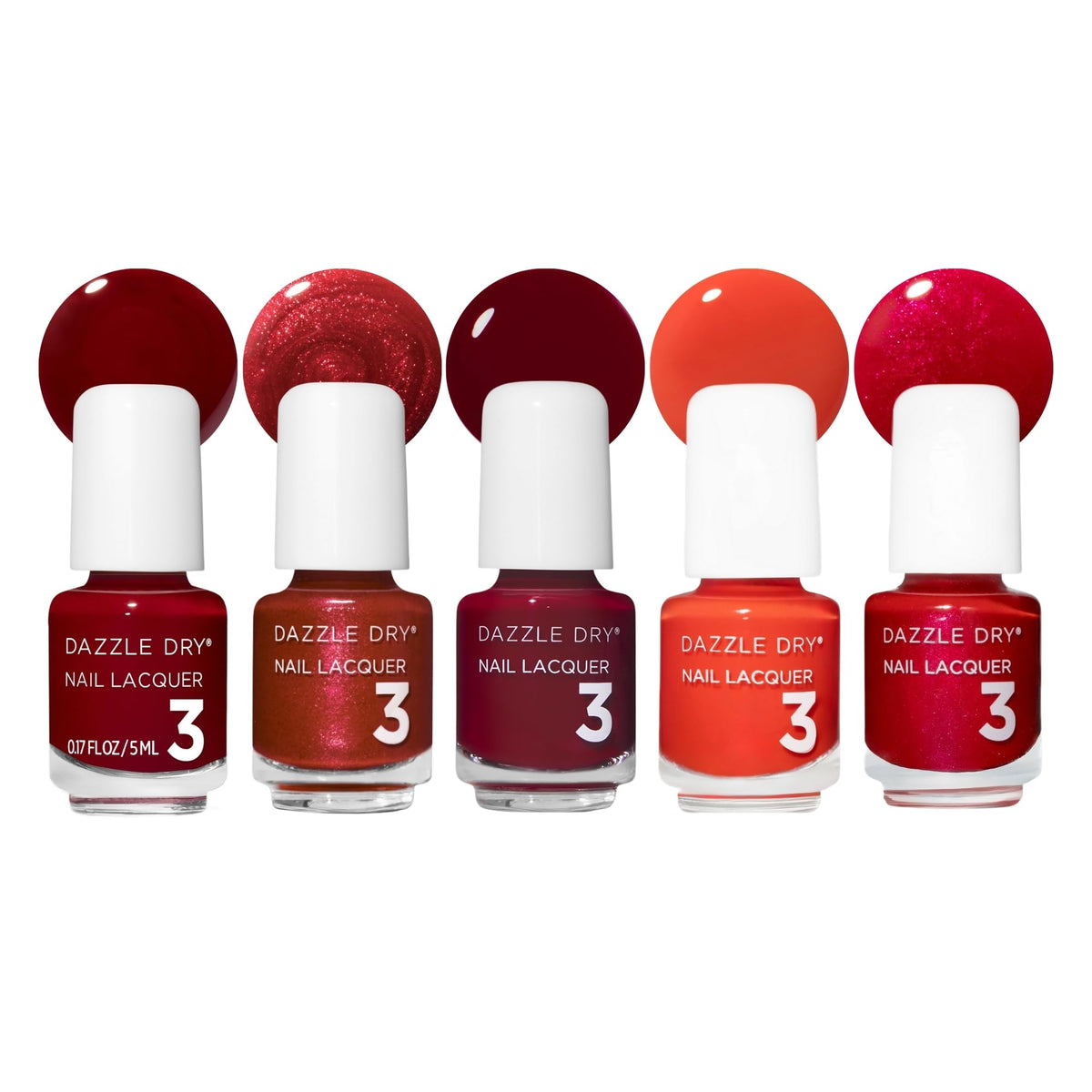 Dazzle Dry front packaging showing five red mini lacquers and labels, brand clarity and portability
