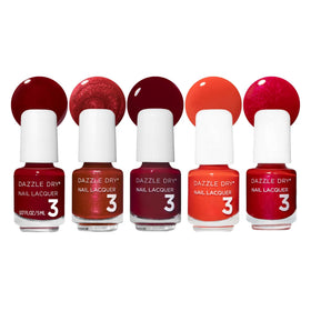 Dazzle Dry front packaging showing five red mini lacquers and labels, brand clarity and portability