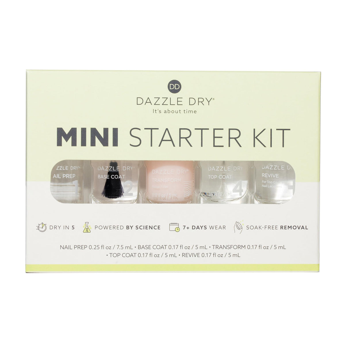 Dazzle Dry bottles lined up to show each numbered step for easy at-home use