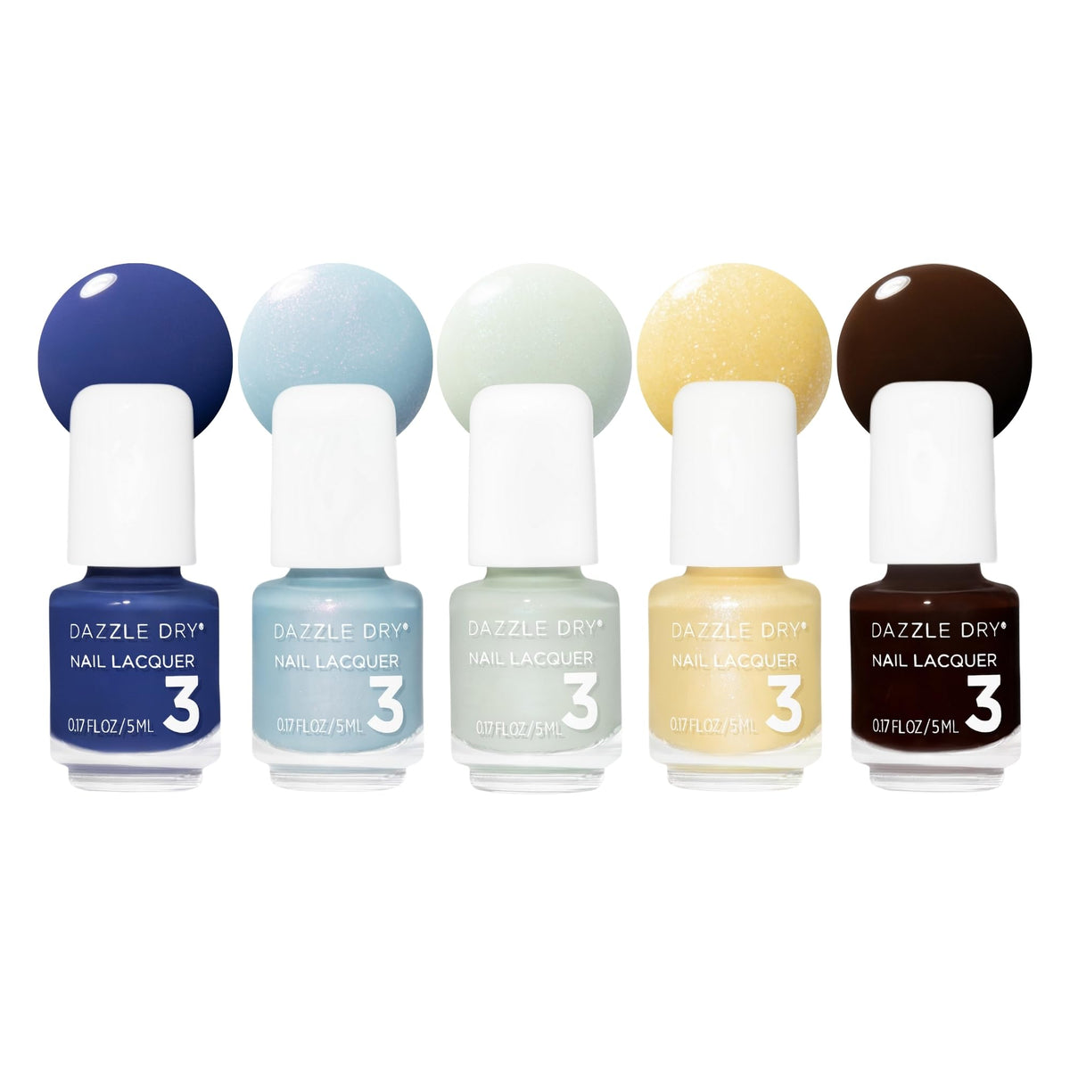 Dazzle Dry front packaging showing five mini bottles and color variety benefits quick selection