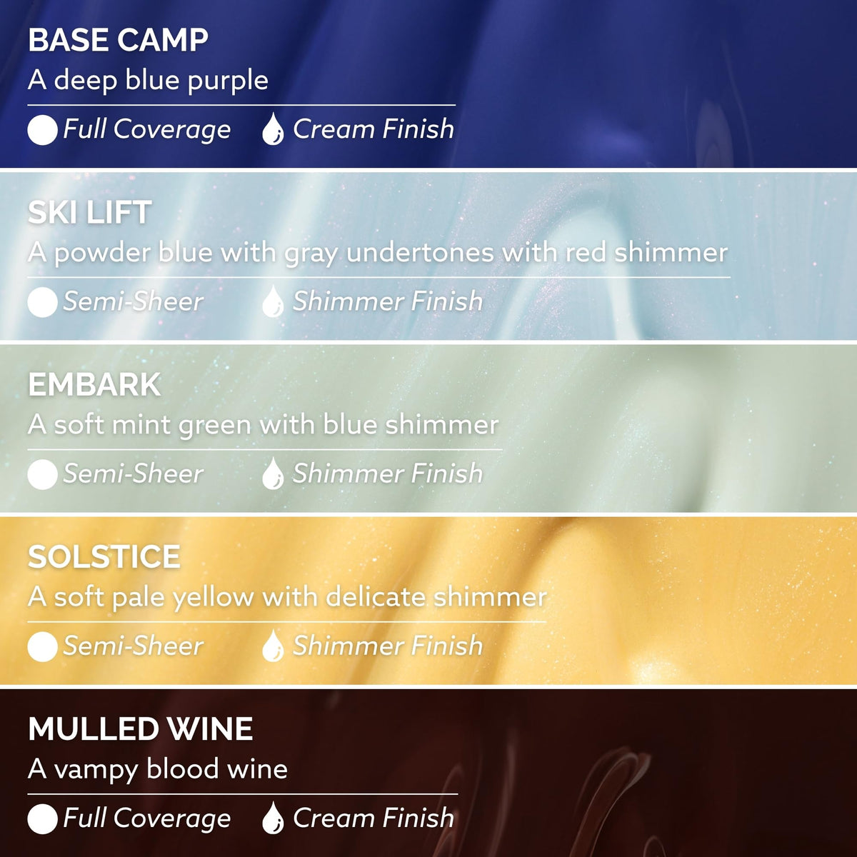 Dazzle Dry swatches on paper showing all five shades for easy color comparison